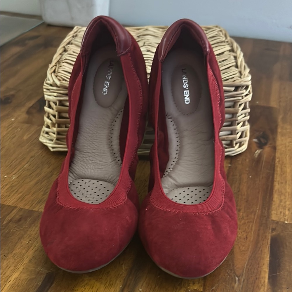 Lands' End Red Flats Suede/Leather Elastic Comfy Ballet Slip On Shoe